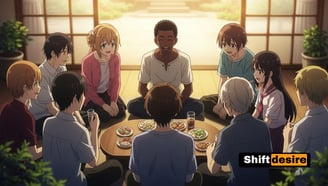 Anime-style group of diverse characters sitting in a circle