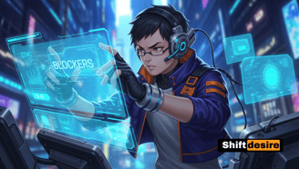 Futuristic anime character with holographic screens, installing blockers on devices,
