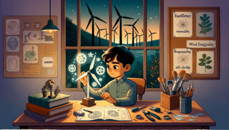 a boy is sitting at a desk with a book and a pen