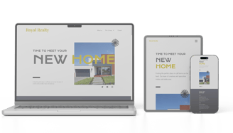 A Laptop, Tablet and a phone lined up. all displaying the Royal Realty website