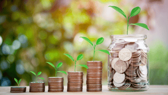 coins accumulating in growth with each stack and have plants sprouting for growing retirement savings