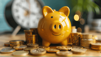 yellow piggy bank with lots of gold coins around it for money purchase plans