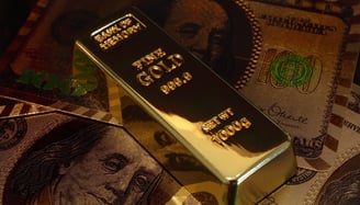 gold bar on top of US money