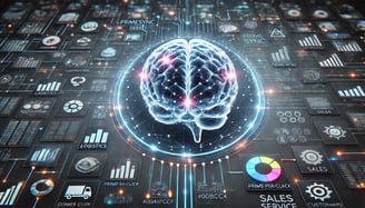 Visualización de un cerebro holográfico conectado a diferentes áreas de negocio, representando una g