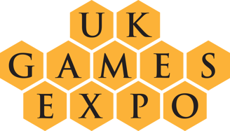 The UK Games Expo logo, with each letter of the words in tesselating orange hexagons.