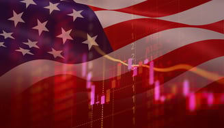 usa flag with red candlestick chart for a recession