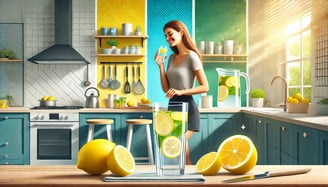 Mulher na cozinha pela manhã preparando e bebendo água com limão