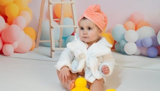 a baby in a white robe and a rubber ducky ducky