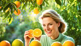a woman holding a slice of oranges in front of a bunch of oranges