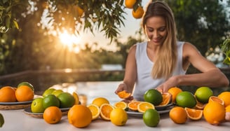 a woman is cutting oranges on a plate