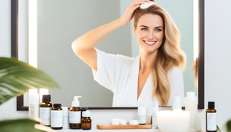 a woman in a white robe is smiling and holding her hair in front of a