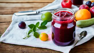 a jar of fruit juice with a spoon and spoon