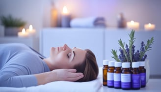 a woman is laying on a bed with a plant in front of her