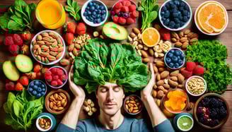 a man with his hands up to his face and surrounded by fruits and vegetables