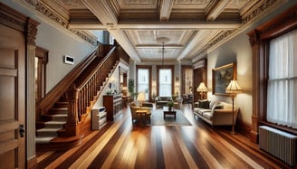 Interior of a renovated historic home with restored hardwood floors, ornate moldings, and modern fea