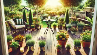 Deck surrounded by mosquito-repelling plants like lavender and basil.