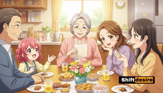 A happy family of different ages sitting around a kitchen table, engaged in conversation,