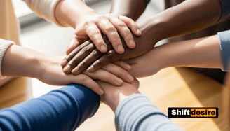 Close-up of diverse hands joined together forming a supportive circle, bright natural light, photographic style