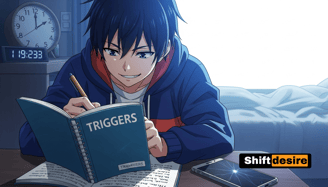 Young man in anime style marking a notebook labeled 'Triggers'