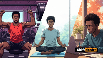Anime-style split-screen showing the same character at the gym, meditating, and studying 