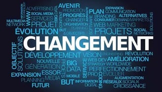 Mot CHANGEMENT écrit en blanc entouré d'autres en bleu projet futur plan progrès social vision etc