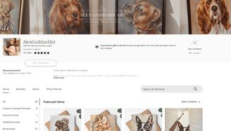 An image showing Alex Goddard's Etsy shop showing greeting cards for sale.