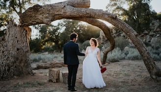 a bride and groom walking down a path in a desert