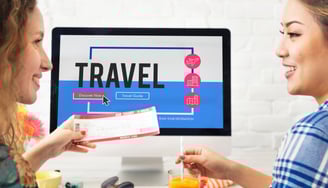 "A virtual assistant helping with travel bookings, shown on a tablet or computer screen.