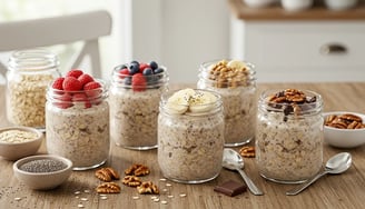 Jars of overnight oats with fruit, nuts, and chocolate toppings on a wooden table.