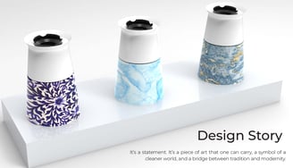 Blue Elegance dustbin variants with unique marble and floral finishes displayed on a white stand.