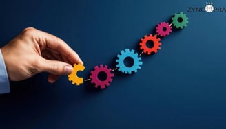 Photo of colorful gears being connected by a hand, showing process management with Zyncopra.