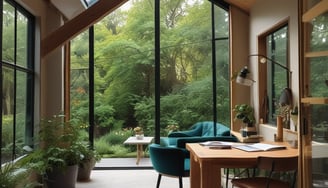 A modern outdoor garden setting featuring a dark wooden wall with three circular planters attached, filled with green foliage. Below the wall is a row of low bushes planted in a neat line. The area is bordered by white lattice fencing and includes a patch of green artificial turf.