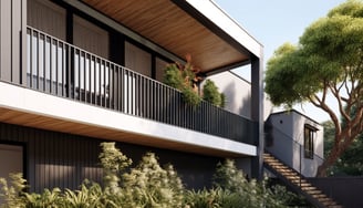 a building with a staircase and a staircase leading up to a balcony