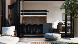 a patio with a couch and a table