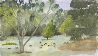 The view from my window and our mob of kangaroos. Watercolour on cotton rag