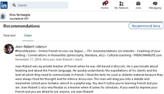 Example 8 of LinkedIn recommendation written for French teacher Jean-Robert Lebrun