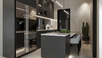 a kitchen with a table and chairs and a table