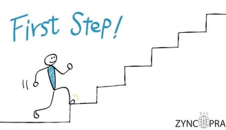 Figura subiendo las escaleras con el texto motivacional “First Step”.