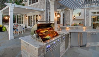 Outdoor kitchen with built-in BBQ and granite finishes installed in Los Altos Hills