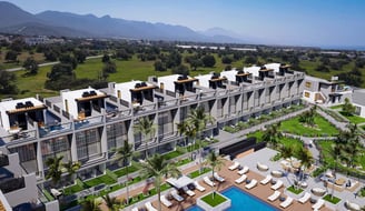 a large building with a pool and a pool