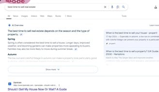 Screenshot of Google search results for best time to sell real estate, highlighting the impact of AI Overviews on organic sea