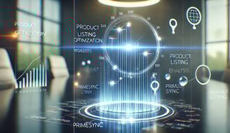 Interfaz holográfica mostrando un análisis de optimización de listados de producto para e-commerce