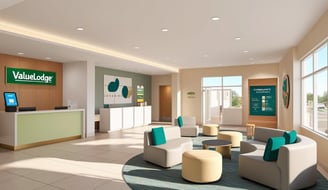 a hotel lobby area with a large lobby area