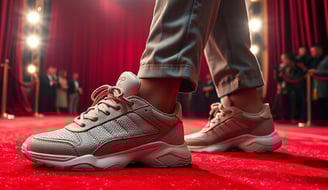 a person standing on a red carpeted with a sneaker.
