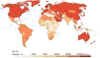 Carte mondiale de la consommation d'énergie par habitant et par pays