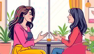 a woman sitting at a table talking to another woman