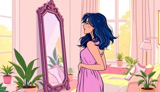 a woman in a pink dress standing in front of a mirror