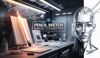 Modern AI-powered pencil sketch converter with glowing pencil and digital art workspace, ideal for creative designers and art
