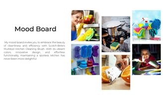 Mood board featuring colorful kitchen tools, cleaning scenes, and bright household moments.