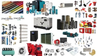 Portafolio de productos de Zyncopra: generadores, HVAC, textiles para el hogar y piezas metálicas.